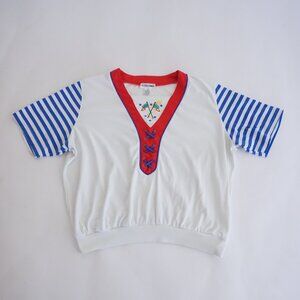 Vintage Alfred Dunner White Red Blue Sailor Blouse Nautical Stripe Preppy 2X